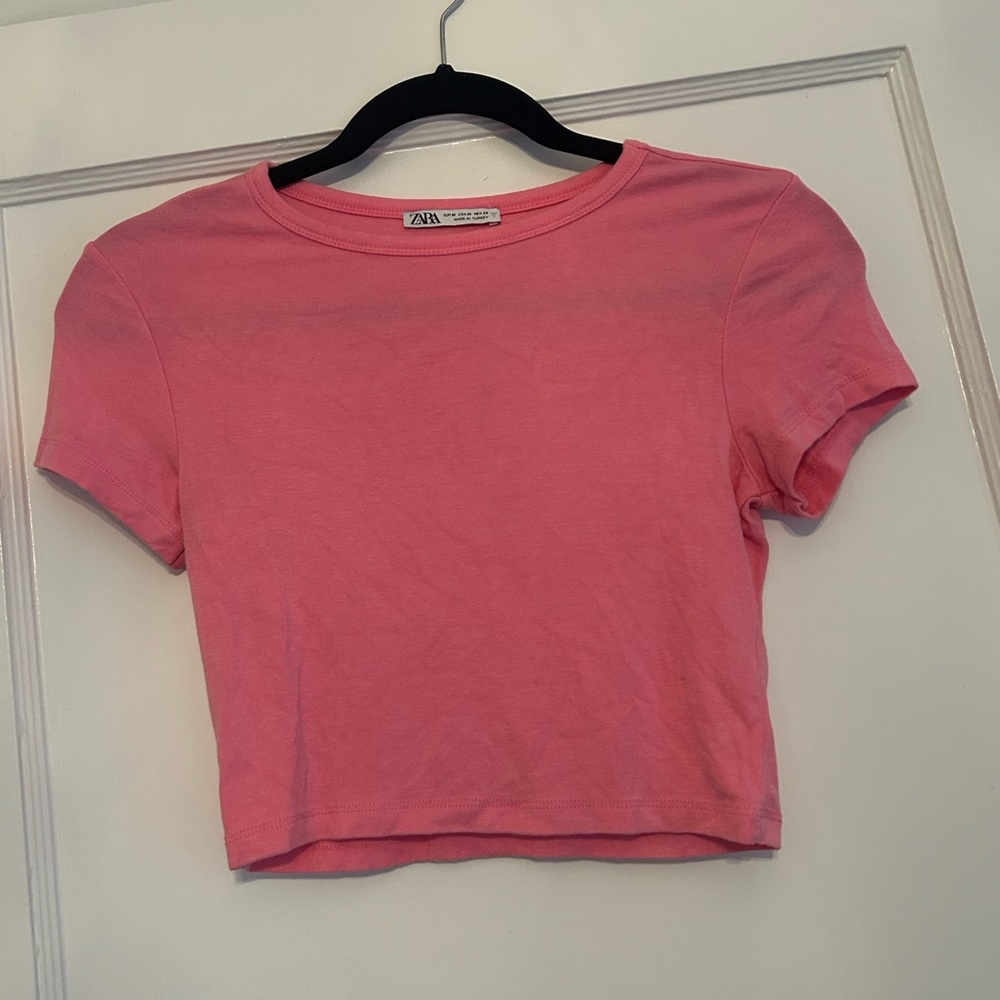 Zara Pink Fitted Crop Top with Crew Neck